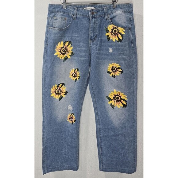 Misslook Denim - Misslook Sunflower Sz XL Jeans Anthropologie Hippie Boho Blue Distressed Denim
